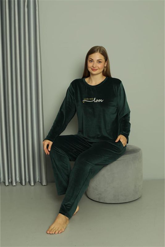 Moda Çizgi Büyük Beden Kadın Kadife Yeşil Pijama Takım 20628 - 4