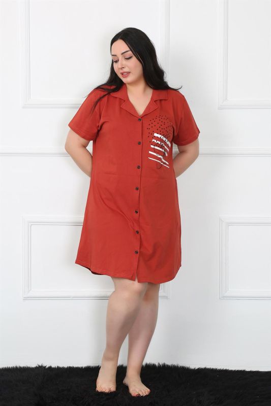 Moda Çizgi Büyük Beden Penye Düğmeli Bordo Tunik Gecelik 1025 - 1