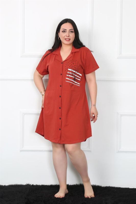 Moda Çizgi Büyük Beden Penye Düğmeli Bordo Tunik Gecelik 1025 - 2