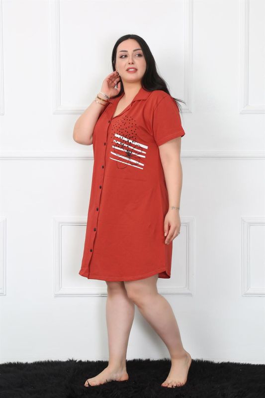Moda Çizgi Büyük Beden Penye Düğmeli Bordo Tunik Gecelik 1025 - 3