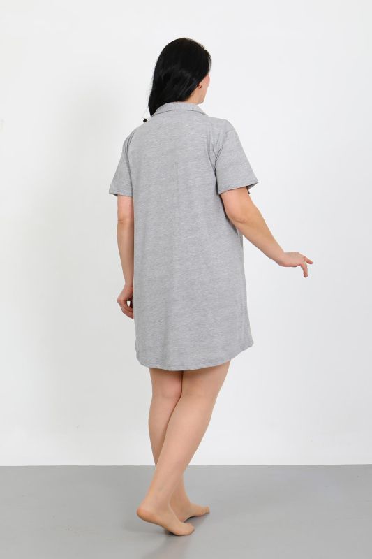 Moda Çizgi Büyük Beden Penye Düğmeli Gri Tunik Gecelik 1025 - 3