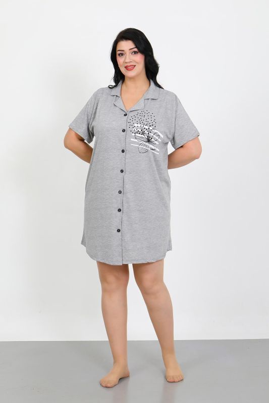 Moda Çizgi Büyük Beden Penye Düğmeli Gri Tunik Gecelik 1025 - 4