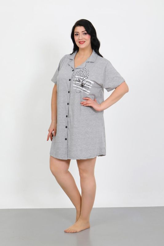 Moda Çizgi Büyük Beden Penye Düğmeli Gri Tunik Gecelik 1025 - 5