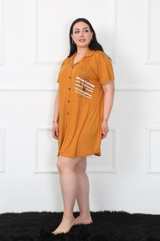 Moda Çizgi Büyük Beden Penye Düğmeli Hardal Tunik Gecelik 1025 - 2