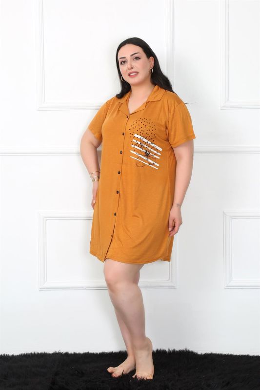 Moda Çizgi Büyük Beden Penye Düğmeli Hardal Tunik Gecelik 1025 - 3