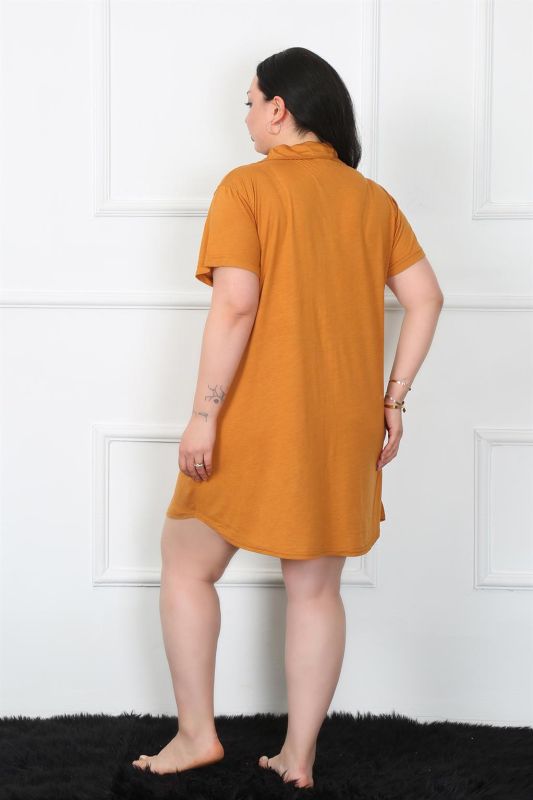 Moda Çizgi Büyük Beden Penye Düğmeli Hardal Tunik Gecelik 1025 - 4