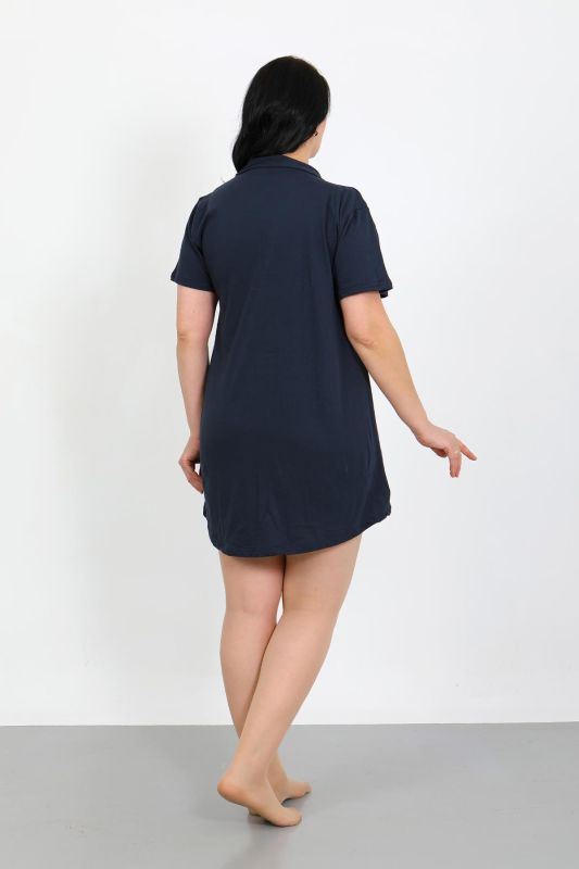 Moda Çizgi Büyük Beden Penye Düğmeli Lacivert Tunik Gecelik 1025 - 3