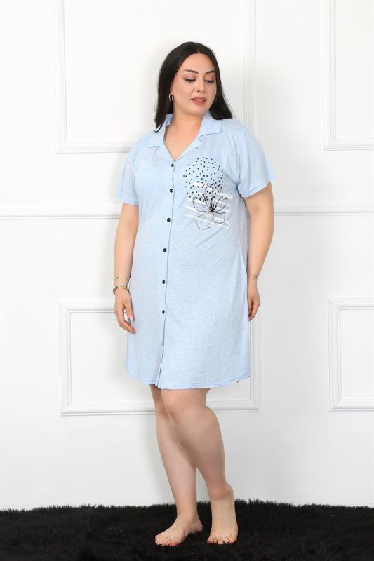 Moda Çizgi Büyük Beden Penye Düğmeli Mavi Tunik Gecelik 1025 - 1