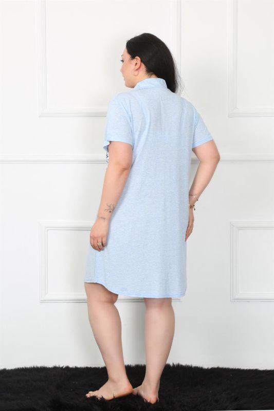 Moda Çizgi Büyük Beden Penye Düğmeli Mavi Tunik Gecelik 1025 - 4