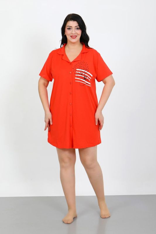 Moda Çizgi Büyük Beden Penye Düğmeli Nar Çiçeği Tunik Gecelik 1025 - 1