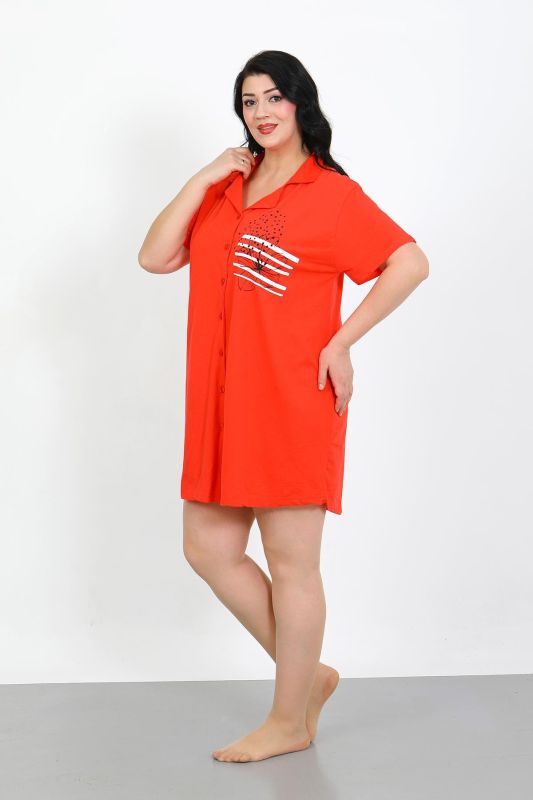 Moda Çizgi Büyük Beden Penye Düğmeli Nar Çiçeği Tunik Gecelik 1025 - 4