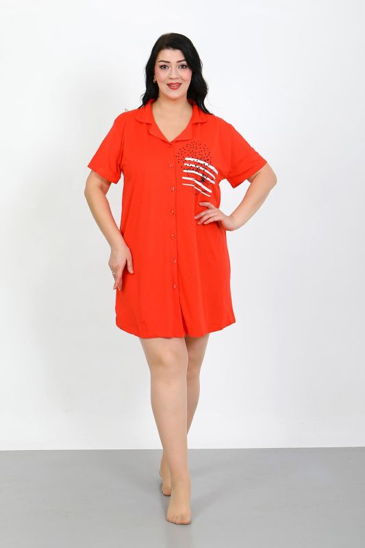Moda Çizgi Büyük Beden Penye Düğmeli Nar Çiçeği Tunik Gecelik 1025 - 5