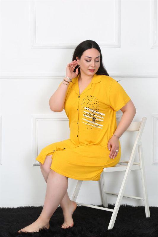 Moda Çizgi Büyük Beden Penye Düğmeli Sarı Tunik Gecelik 1025 - 2