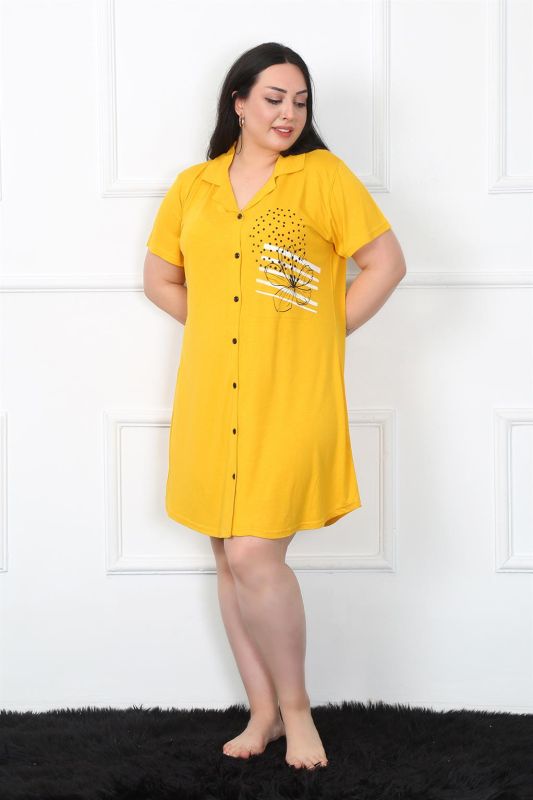 Moda Çizgi Büyük Beden Penye Düğmeli Sarı Tunik Gecelik 1025 - 3