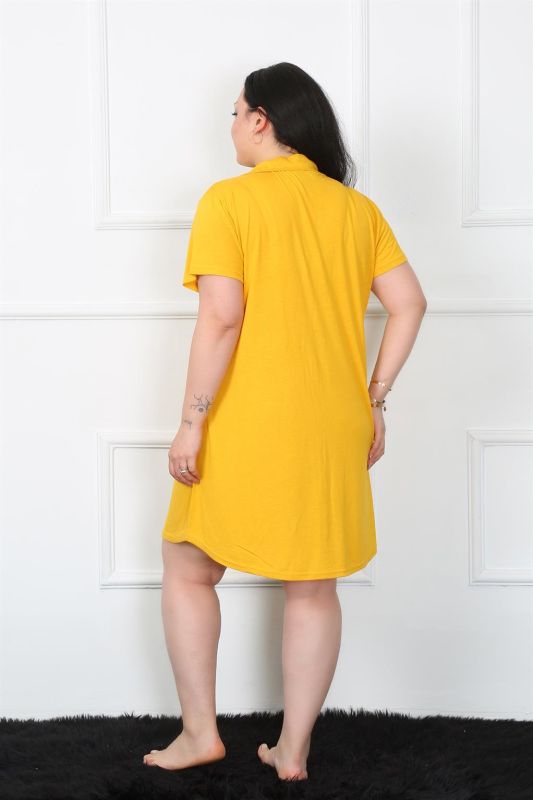 Moda Çizgi Büyük Beden Penye Düğmeli Sarı Tunik Gecelik 1025 - 4
