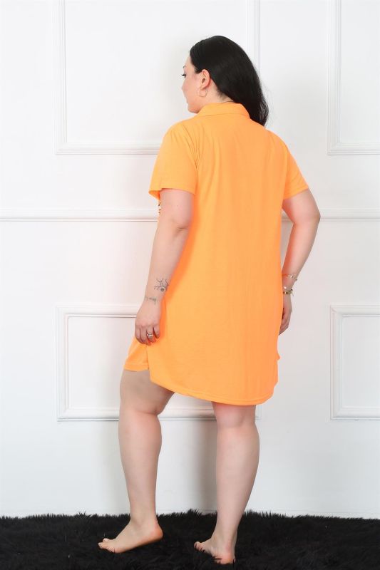 Moda Çizgi Büyük Beden Penye Düğmeli Turuncu Tunik Gecelik 1025 - 4
