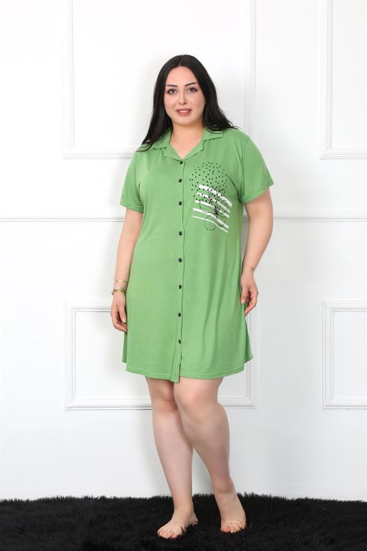 Moda Çizgi Büyük Beden Penye Düğmeli Yeşil Tunik Gecelik 1025 - 1