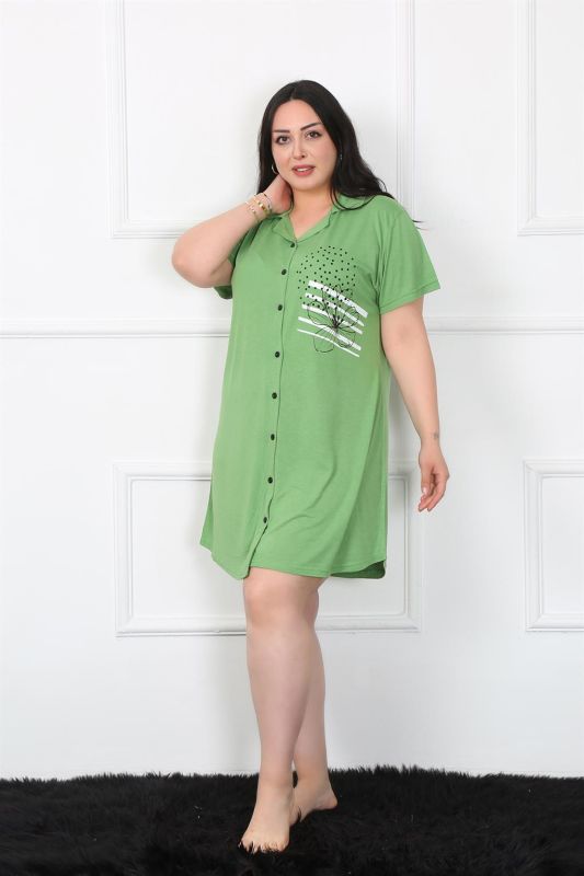 Moda Çizgi Büyük Beden Penye Düğmeli Yeşil Tunik Gecelik 1025 - 2