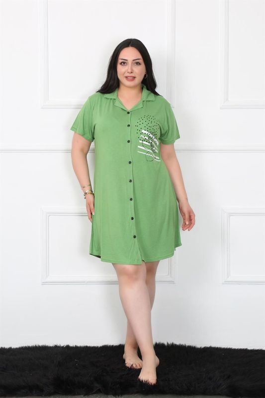 Moda Çizgi Büyük Beden Penye Düğmeli Yeşil Tunik Gecelik 1025 - 3