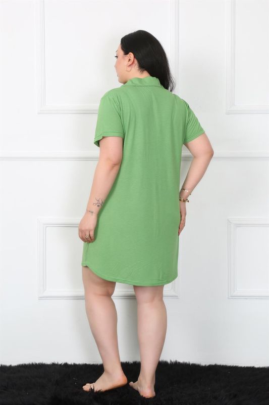 Moda Çizgi Büyük Beden Penye Düğmeli Yeşil Tunik Gecelik 1025 - 4