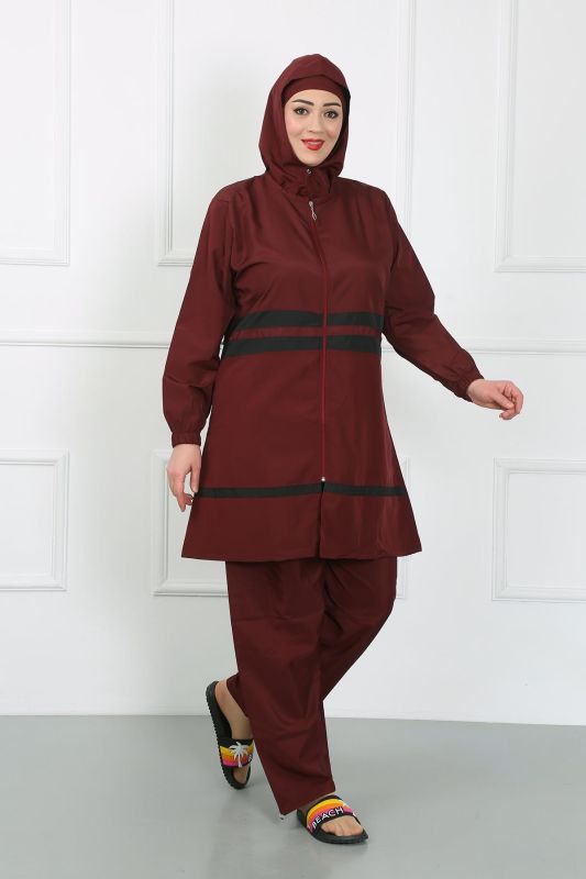 Moda Çizgi Büyük Beden Tesettür Mayo Bordo 44020 - 5