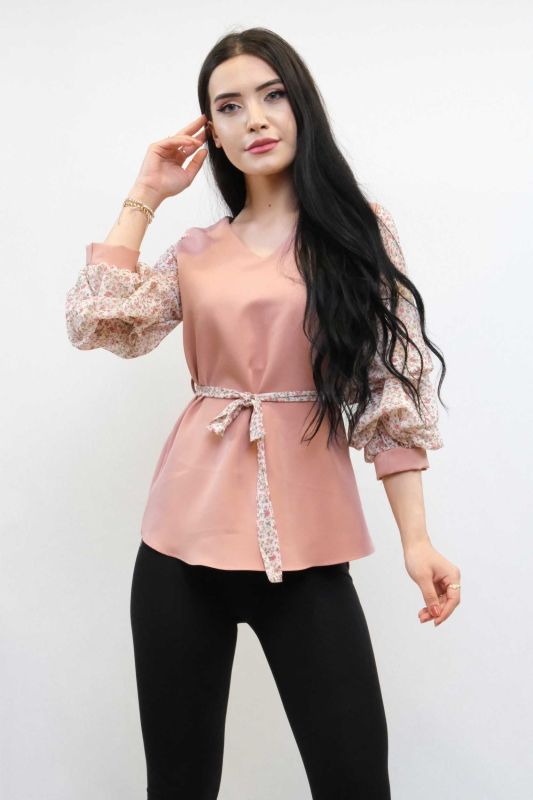 Moda Çizgi Büzgülü Şifon Kol Bluz Pudra - 3
