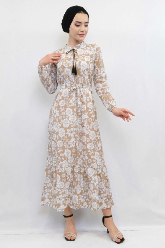 Moda Çizgi Çiçek Desenli  Pileli Elbise Bej - 1