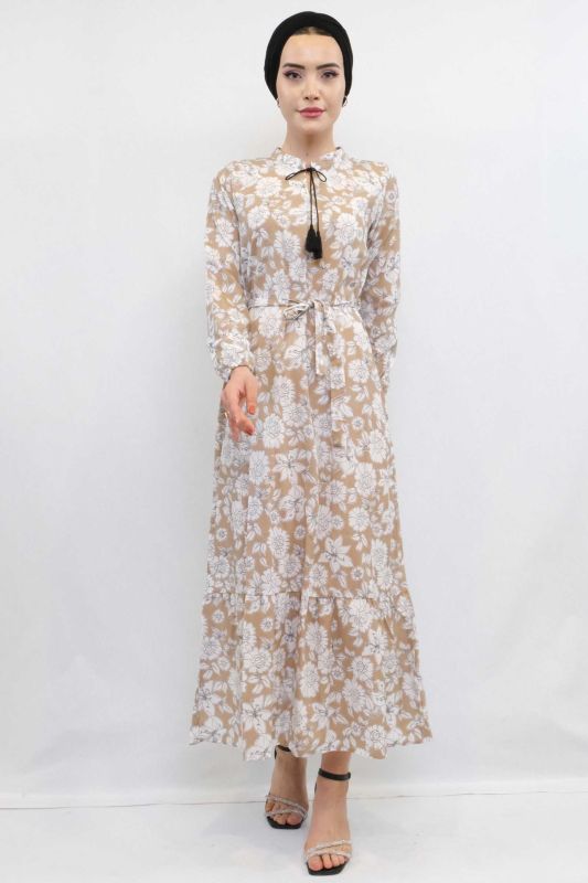 Moda Çizgi Çiçek Desenli  Pileli Elbise Bej - 2