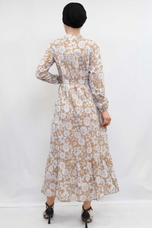 Moda Çizgi Çiçek Desenli  Pileli Elbise Bej - 3