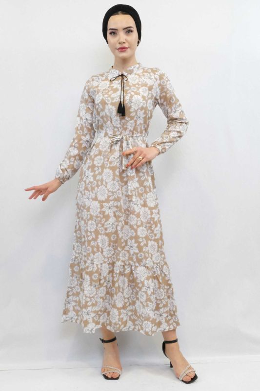 Moda Çizgi Çiçek Desenli  Pileli Elbise Bej - 4