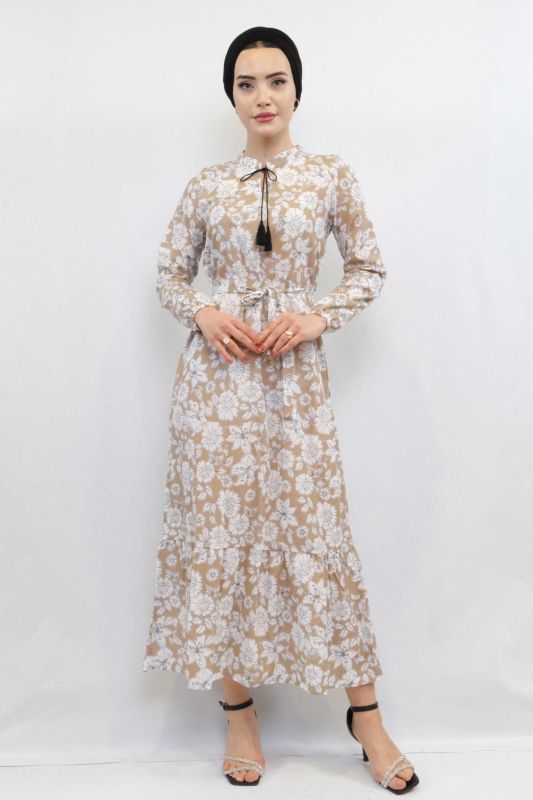 Moda Çizgi Çiçek Desenli  Pileli Elbise Bej - 5