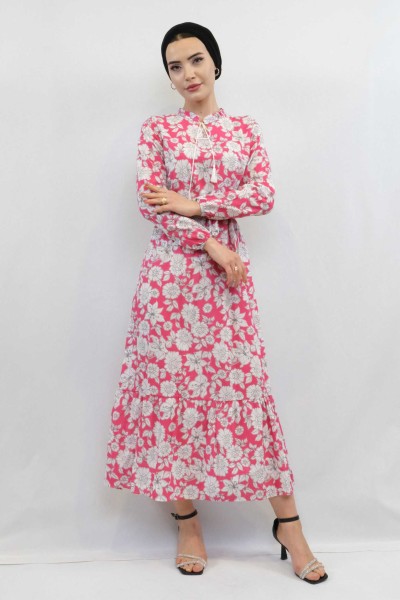 Moda Çizgi Çiçek Desenli Pileli Elbise Fuşya - Thumbnail