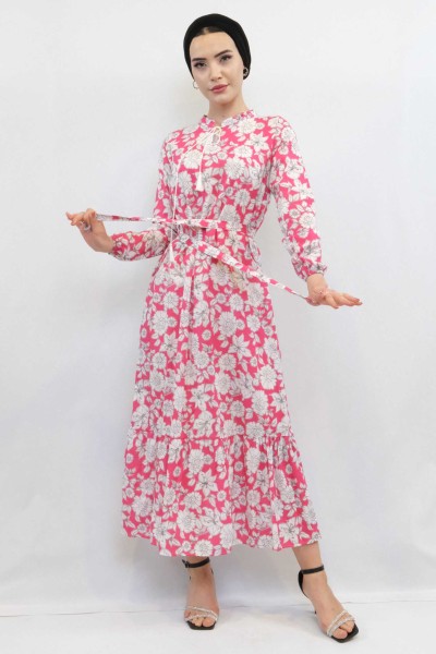 Moda Çizgi Çiçek Desenli Pileli Elbise Fuşya - Thumbnail