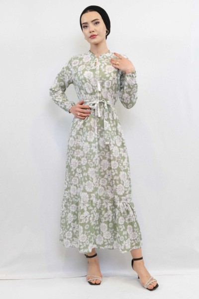 Moda Çizgi Çiçek Desenli Pileli Elbise Mint - Thumbnail