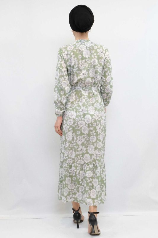 Moda Çizgi Çiçek Desenli Pileli Elbise Mint - 2