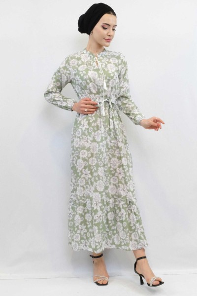 Moda Çizgi Çiçek Desenli Pileli Elbise Mint - Thumbnail