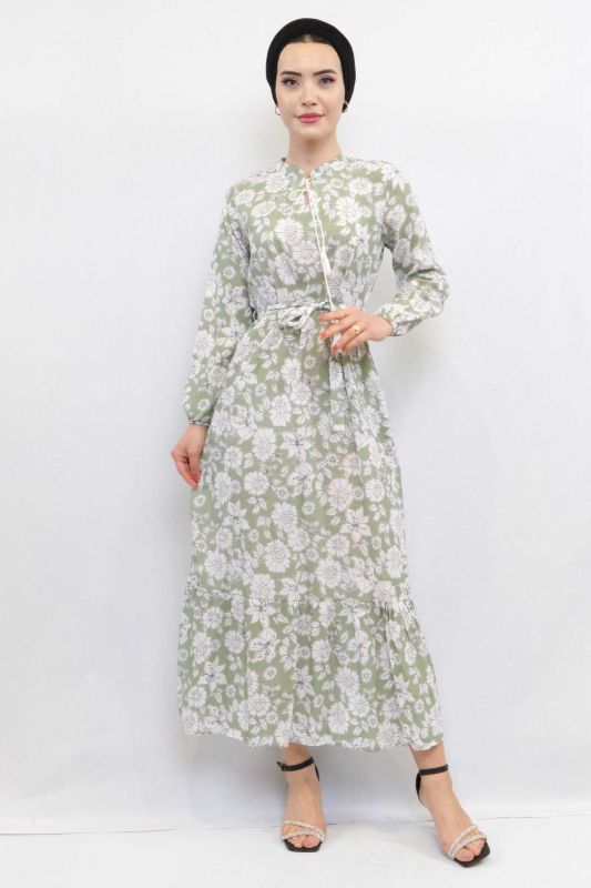 Moda Çizgi Çiçek Desenli Pileli Elbise Mint - 5