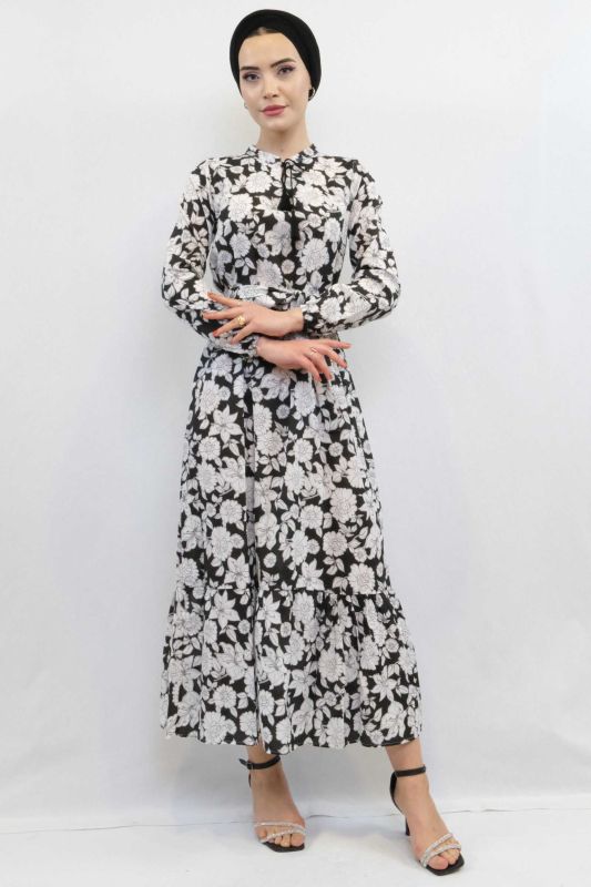 Moda Çizgi Çiçek Desenli Pileli Elbise Siyah - 3