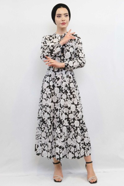 Moda Çizgi - Moda Çizgi Çiçek Desenli Pileli Elbise Siyah