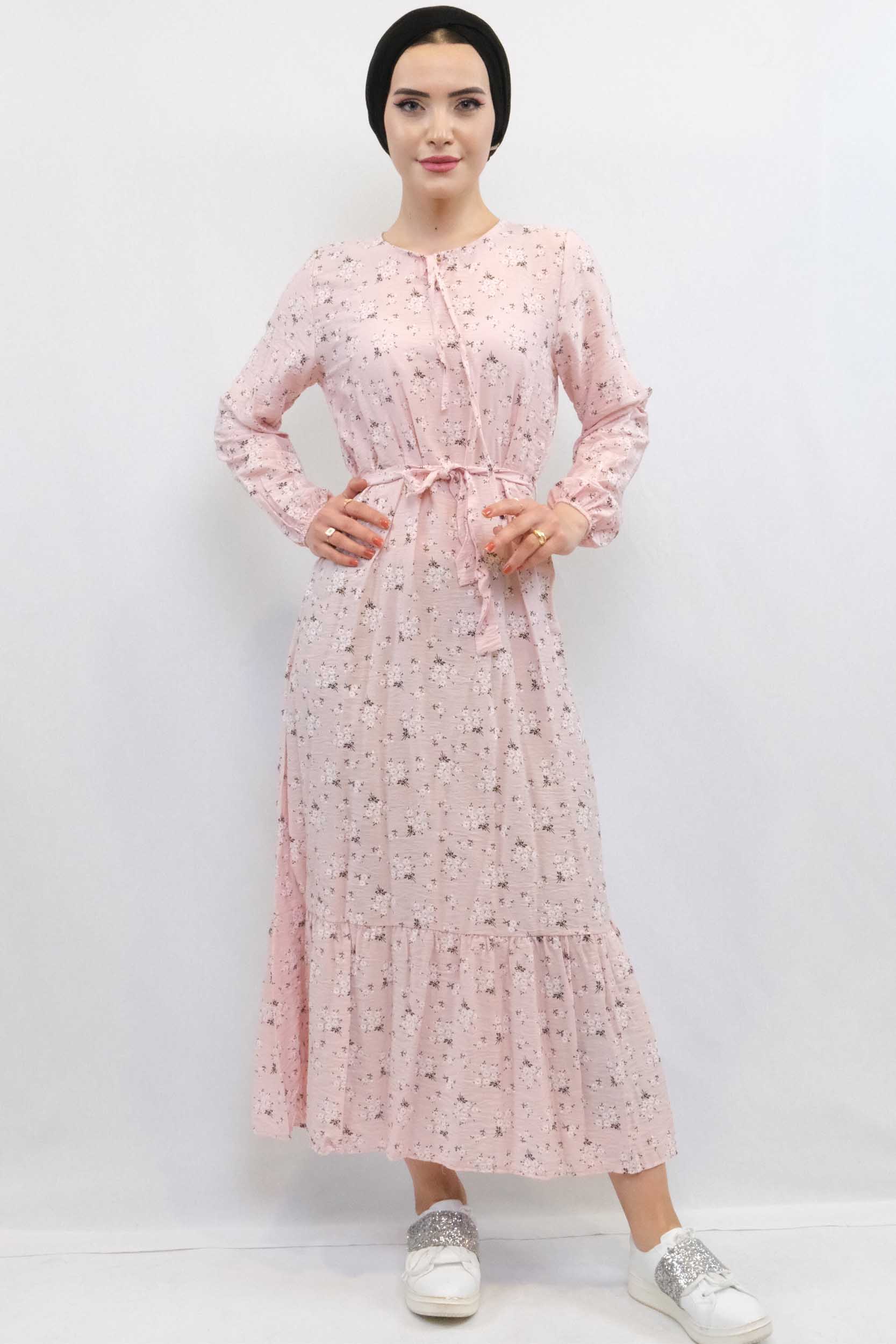 Moda Çizgi Çiçekli Elbise Pudra - 38 | Pudra