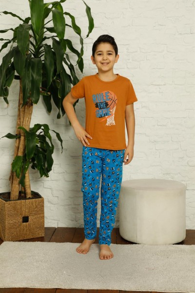 moda çizgi Çocuk Pamuk Kısa Kollu Pijama Takımı 4623 - Thumbnail
