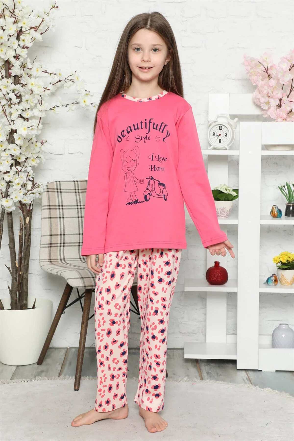 Moda Çizgi Çocuk Pamuk Uzun Kollu Pijama Takımı 4547 - Thumbnail