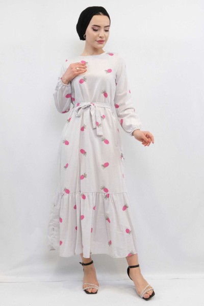 Moda Çizgi Desenli Elbise Fuşya - Thumbnail