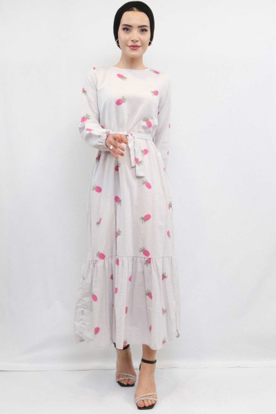 Moda Çizgi Desenli Elbise Fuşya - Thumbnail