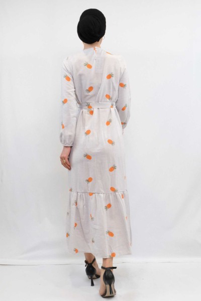 Moda Çizgi Desenli Elbise Turuncu - Thumbnail