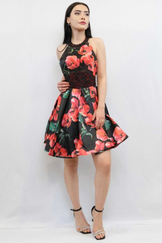 Moda Çizgi Patterned Short Evening Dress - 3