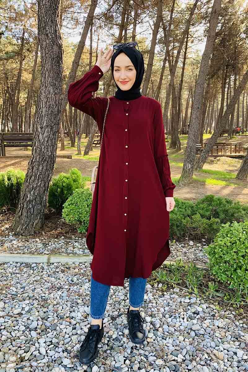 Moda Çizgi Desenli Tunik - 42 | Vişne