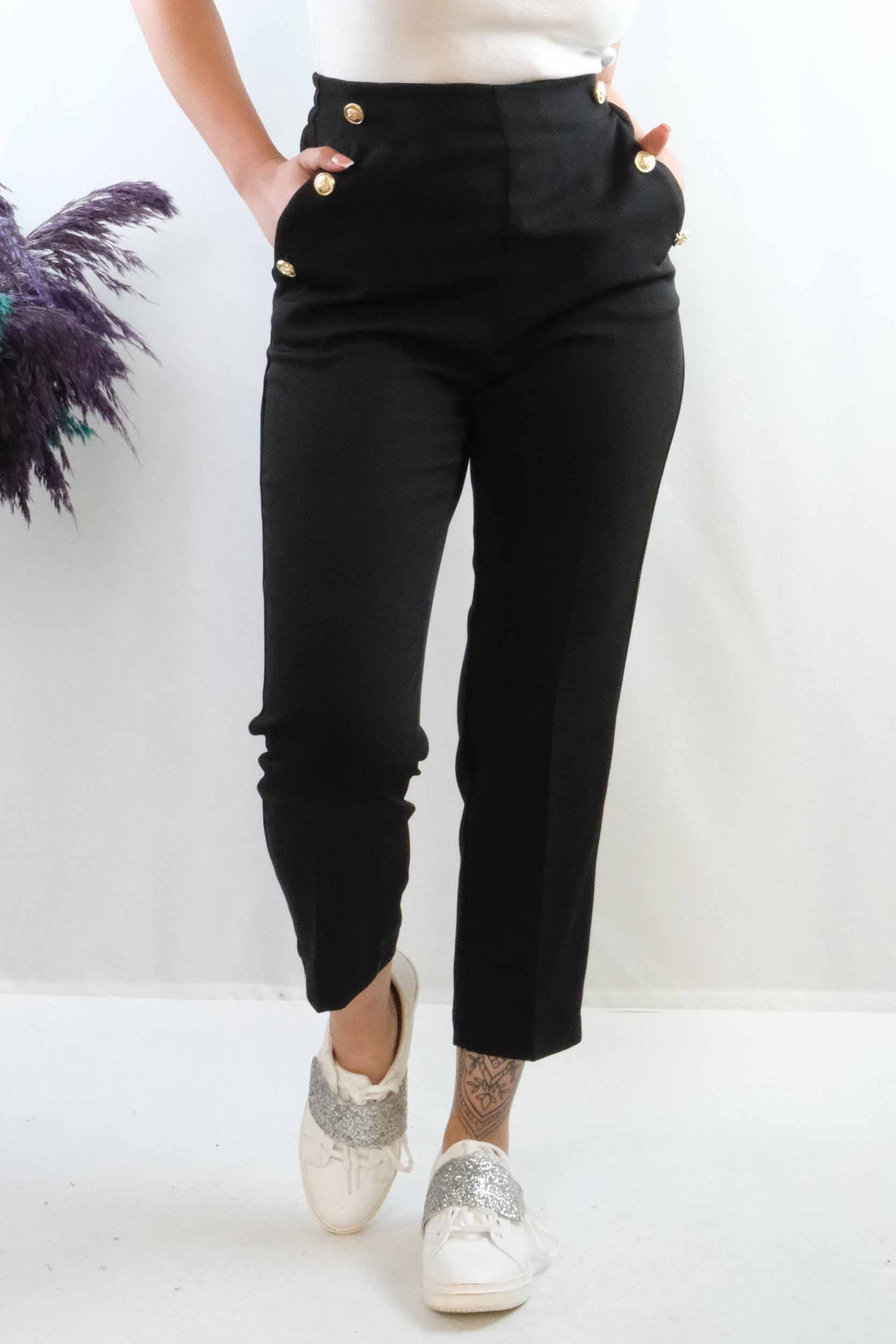Moda Çizgi Düğme Aksesuarlı Yüksek Bel Pantolon Siyah - 38 | SİYAH