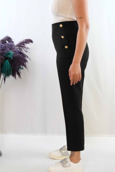Moda Çizgi Düğme Aksesuarlı Yüksek Bel Pantolon Siyah - Thumbnail