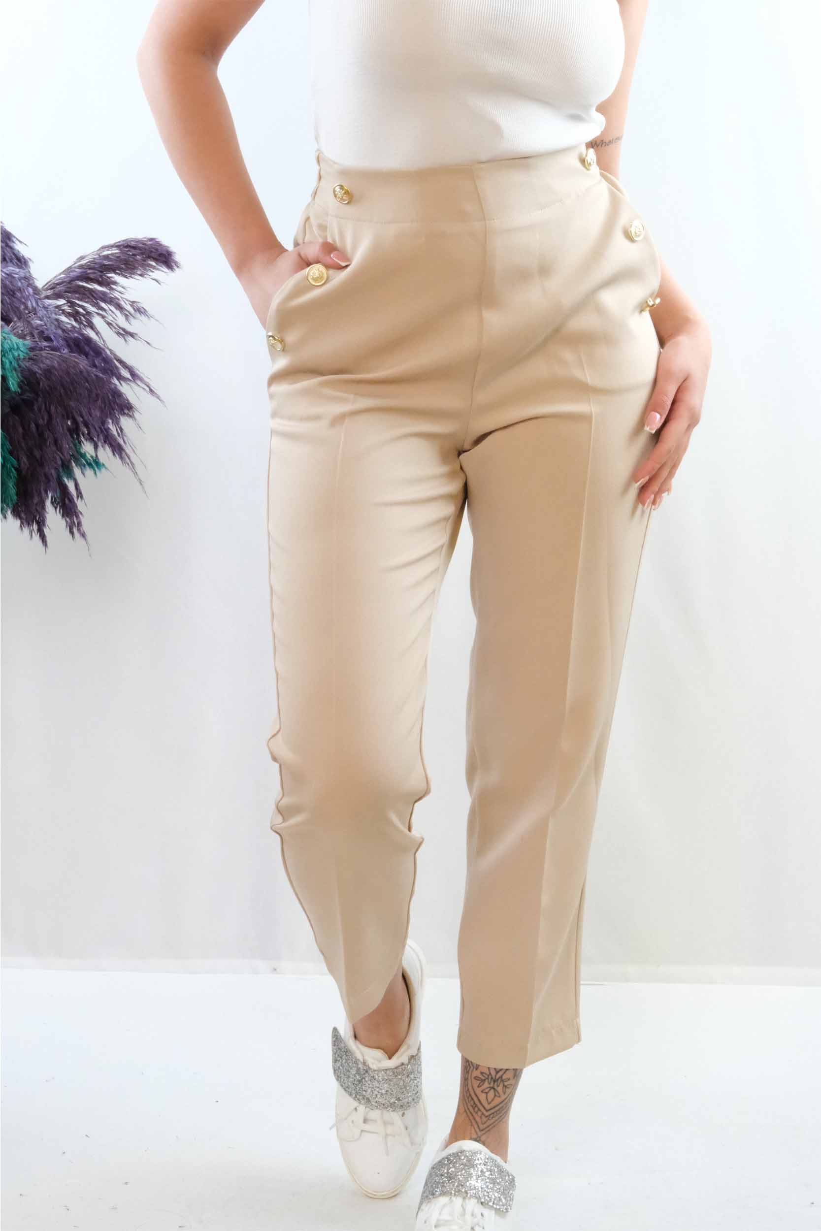 Moda Çizgi Düğme Aksesuarlı Yüksek Bel Pantolon Bej - 38 | Bej